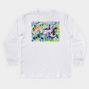 DOBERMANN RESTING IN THE GARDEN - watercolor portrait Kids Long Sleeve T-Shirt